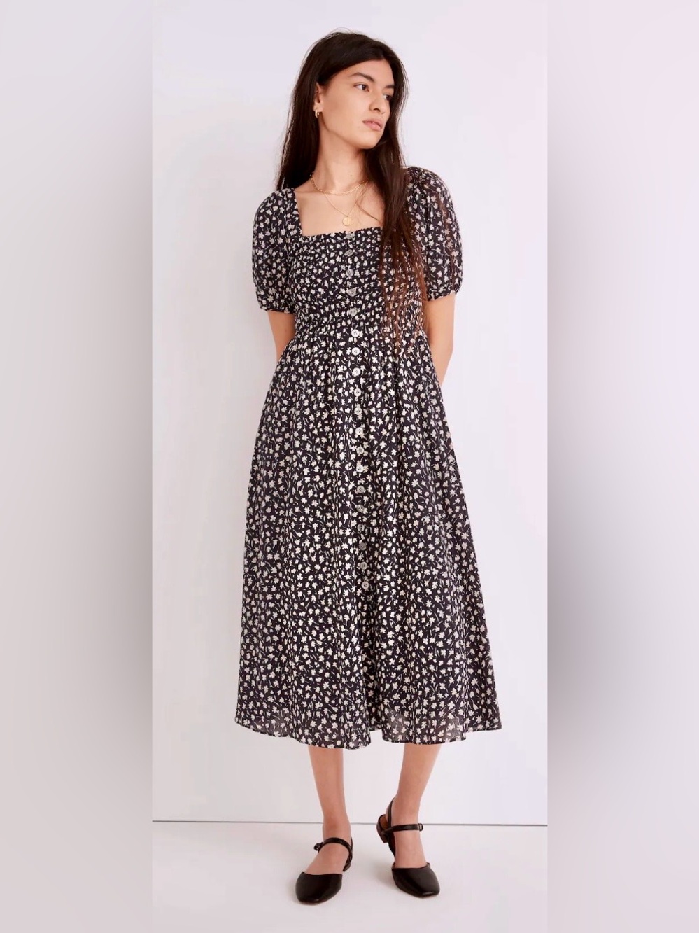 Madewell Lucie Smocked Button-Front Midi Dress Women’s Size M
